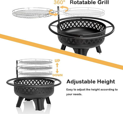 32 Inch Outdoor Fire Pit with Grill, Wood Burning Firepit for Outside with Lid/Fire Poker, Metal Round Fire Pit Table for Patio Backyard Garden Bonfire Party