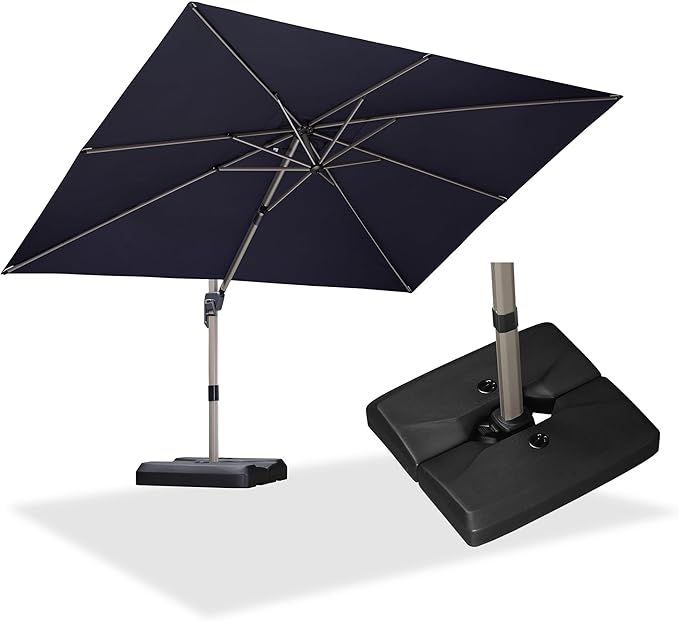 PURPLE LEAF 9' x 11' Patio Umbrella with Base Cantilever Umbrella Rectangular Outdoor Offset Umbrella with Champagne Frame and 360° Rotation for Garden Deck Pool, Navy Blue