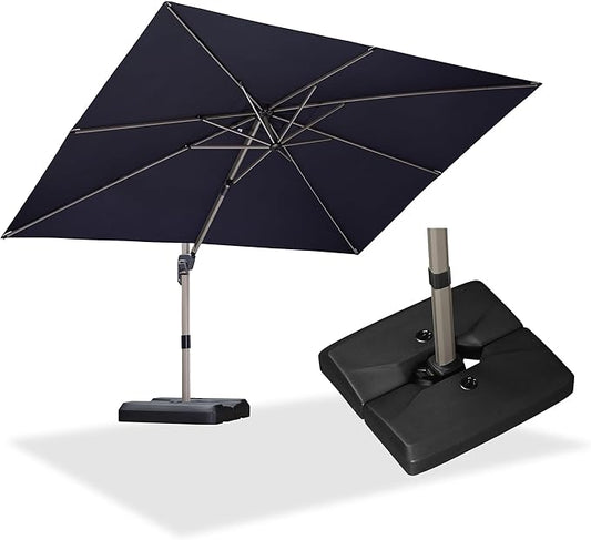 PURPLE LEAF 9' x 11' Patio Umbrella with Base Cantilever Umbrella Rectangular Outdoor Offset Umbrella with Champagne Frame and 360° Rotation for Garden Deck Pool, Navy Blue