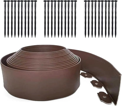 33FT Landscape Edging, 4 in Tall Garden Edging Borders,Flexible Lawn Edging with 30 Spikes,Plastic Edging Border for Garden, Flower Beds, Pavement-Brown
