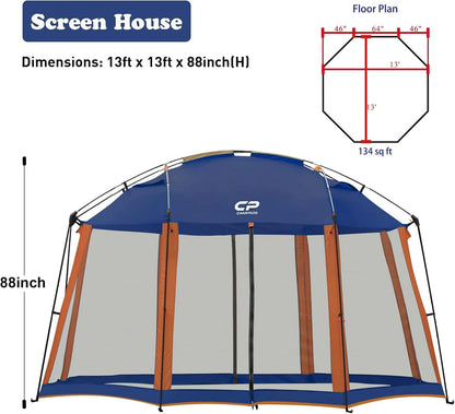 CAMPROS CP Screen House 13 x 13 Ft Screened Mesh Net Wall Canopy Tent Screen Shelter Gazebos for Patios Outdoor Camping Activities - Blue
