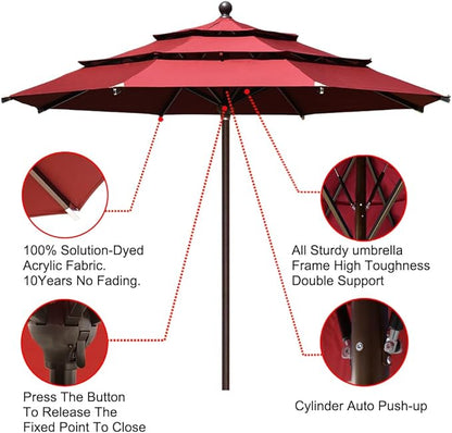 EliteShade USA 10-Year-Non-Fading 11Ft 3 Tiers Market Umbrella Patio Outdoor Cylinder Auto Push-up Table Umbrella with Ventilation, Burgundy