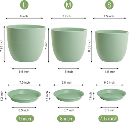Modern Plant Pots Set, 9/8/7.5 inch Plastic Planters for Indoor Plants, Stylish Flower Pots with Drainage Holes and Saucers for House Plants and Flowers, Green