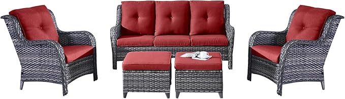 Rilyson Outdoor Patio Wicker Furniture Set - 5 Piece Rattan Patio Conversation Sectional Sofa Set with 1 Couch,2 Armchairs,2 Ottomans for Porch Deck Garden(Mixed Grey/Red)