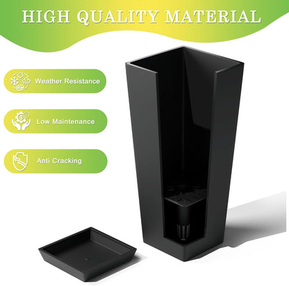 Set of 2 Large Tall Planter for Indoor or Outdoor 24" Flower Pots Tapered Tall Planters with Tray for Porch, Patio, Backyard, Large Planters for Outdoor Indoor Plants(Black)