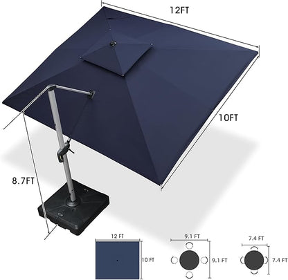 PURPLE LEAF 10 X 12 FT Patio Umbrella with Base Included Cantilever Umbrella with 360° Rotation Outdoor Offset Umbrella Windproof Heavy Duty Sun for Garden, Backyard and Pool, Navy Blue