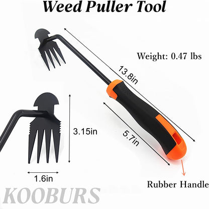 Hand Weeding Tool, Uprooting Weeder Tool Portable Garden Weed Remover with Handle, 4 Teeth Stainless Steel Weed Puller for Garden Backyard Farm Planting & Weeding (Rubber Handle)