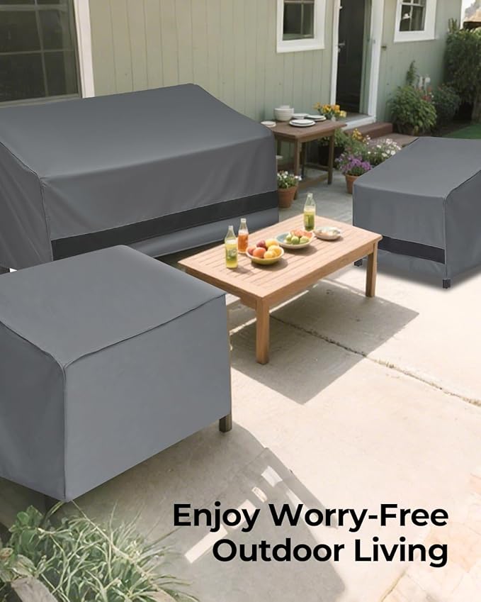 loriano 3-Piece Patio Furniture Chair Covers Set, Outdoor 600D Heavy-Duty Waterproof, Fits 3 Seater Sofa 79"x37"x35"& 2 Chairs 32"x35"x36", All-Weather Windproof Protection for Deck, Backyard (Gray)