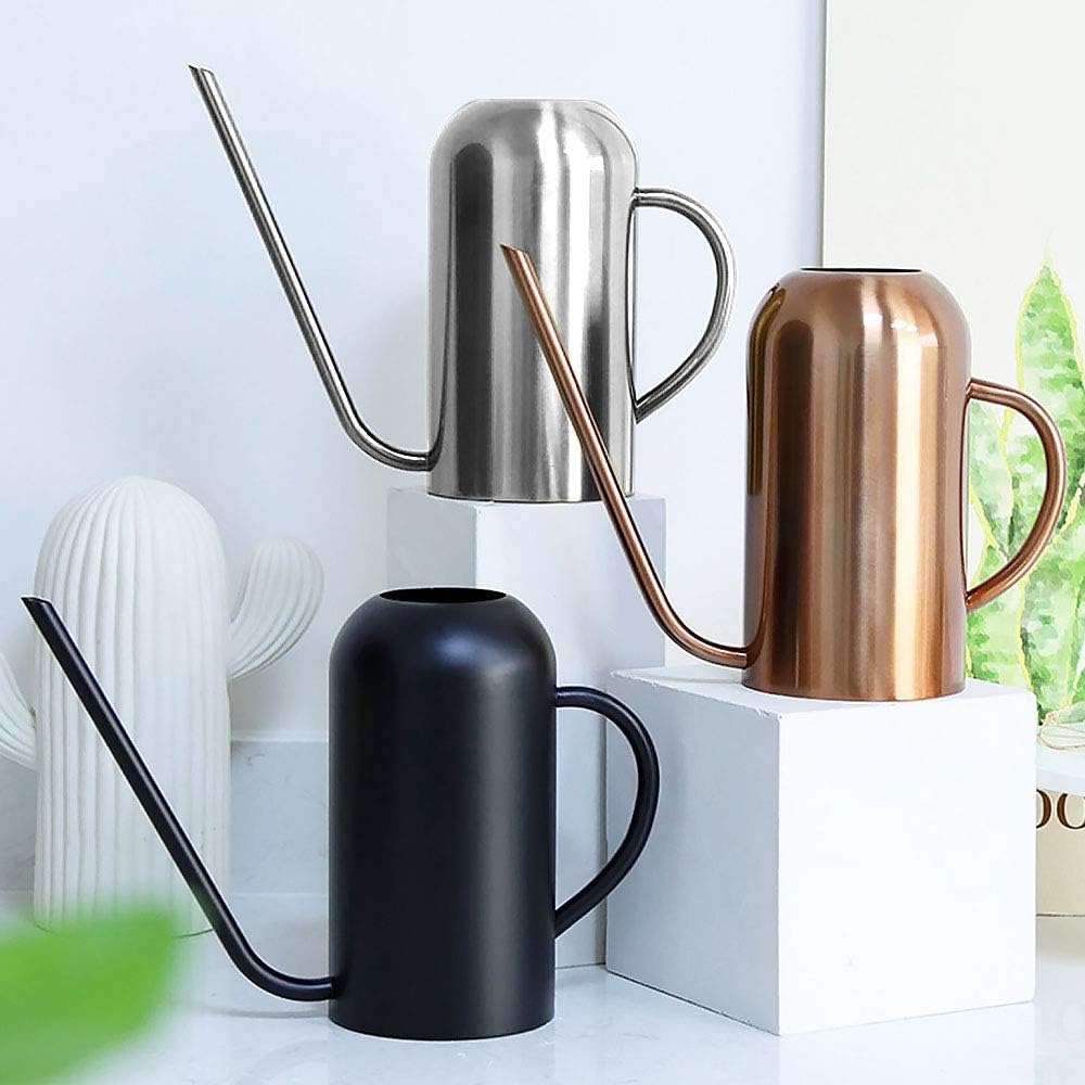 Watering Can Indoor Plants, 50 oz/1500 ml Metal Stainless Steel Watering Can Pot with Long Spout for Indoor House Plants Bonsai Outdoor Garden Flower Decorative(Copper) (Black)