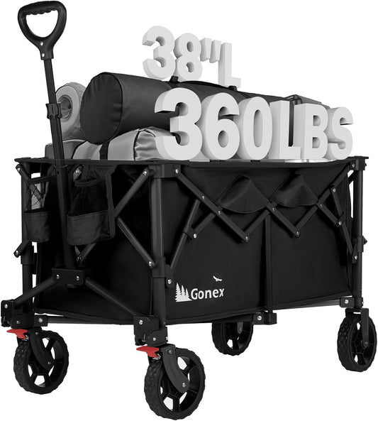 Gonex 38''L Extra Long Collapsible Foldable Wagon Cart with 360lbs Weight Capacity, 220L Folding Utility Garden Cart with Detachable Wheels for Grocery Sports Shopping Camping - Black