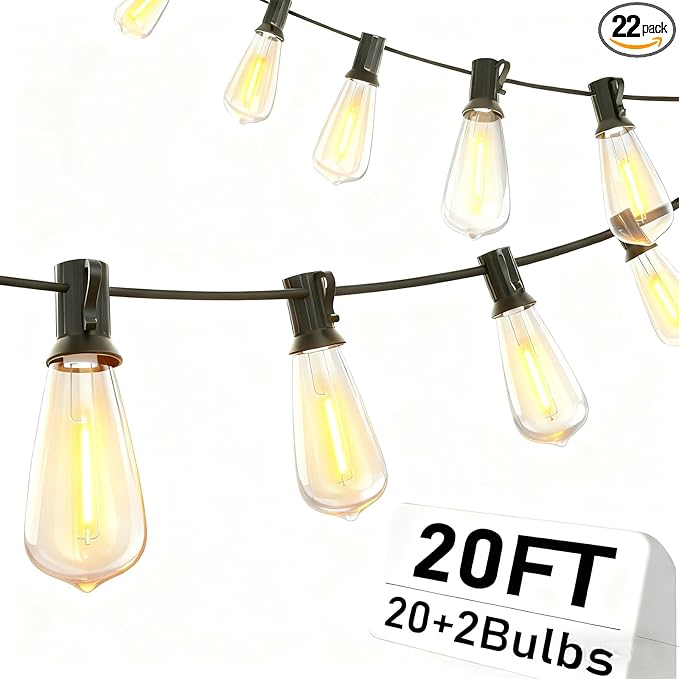 LED Patio String Lights 20Ft with 22 ST40 LED Edison Bulbs, Waterproof Outdoor Hanging Lights for Porch, Deck, Garden, Backyard, E17 Base, 2700K Dimmable, Vintage String Lights- Black Wire