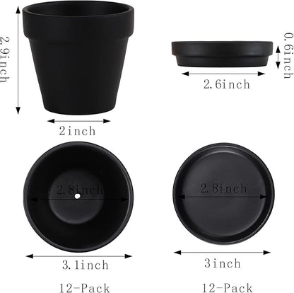 Fcacti 3 Inches Small Black Terracotta Pots with Saucer, 12 Pack 3" Terra Cotta Planter with Drainage Holes, Small Clay Flower Pots for Plants, Succulents, Crafts, Wedding Favor