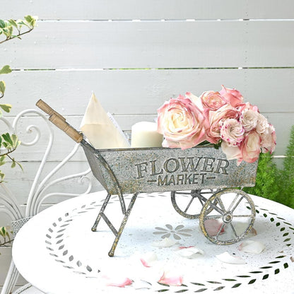 15 Inch Farmhouse Small Flower Cart with Wooden Handles Metal Wagon Planters for Outdoor Plants Decorative Wheelbarrow Plant Cart for Patio Garden Balcony Gray