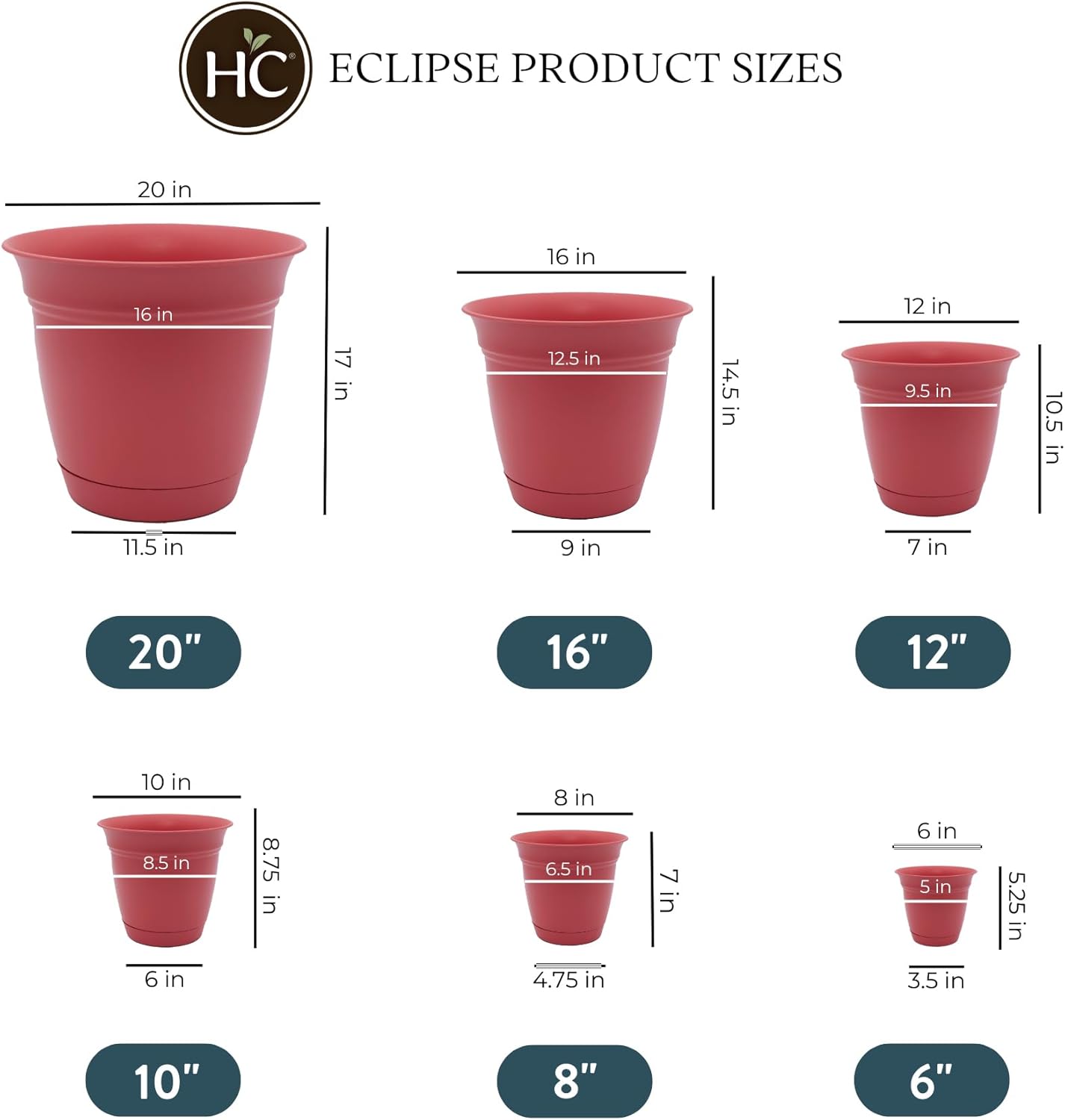 The HC Companies Eclipse Round Planter with Saucer - Outdoor & Indoor Plant Pot with Drainage Holes - Lightweight, UV-Resistant Plastic Pots for Plants, Flowers & Herbs (8" Rose, Pack of 6)