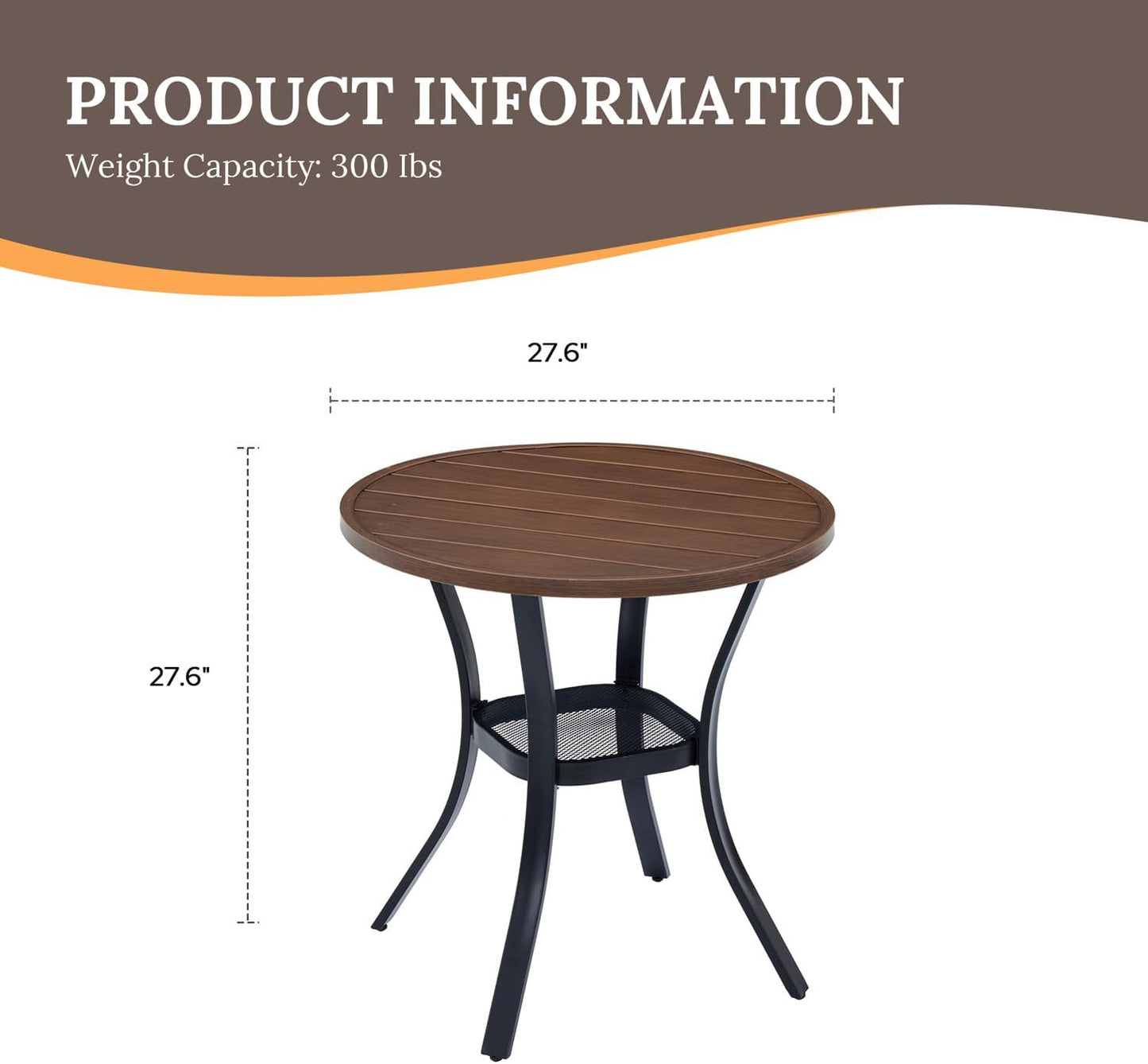 VICLLAX 27.5" Outdoor Round Patio Table for Lawn Garden, All Weather Metal Round Patio Dining Table with Storage Shelf, 2 Person Small Patio Table, Walnut Wood Grain