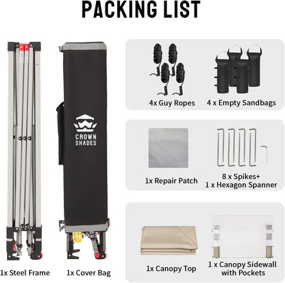 CROWN SHADES Canopy Tent 10x10 Pop Up Canopy Outdoor Shade with Pockets Sidewall, Easy Up Sun Shelter with One Person Set Up Center Lock, Portable Instant Camping Beach Canopy Tents, Beige