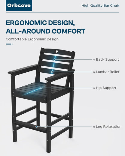 3-Piece Bar Height Outdoor Table and Chairs Set, HDPE Wood Grain Patio Bar Table and Chairs with Heart Cutout Design, Weather-Resistant Bar Height Furniture for Deck, Porch, Pool (Black)