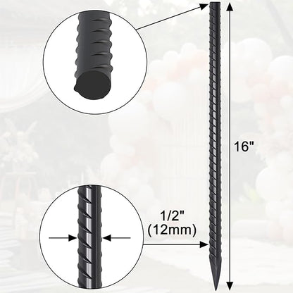 16 Inch Rebar Stakes 20 Pack 1/2 Inch Diameter Heavy Duty Steel Ground Stakes with Chisel Point End Straight Metal Stakes for Ground Concrete Form Landscape Timber and Fence, Black