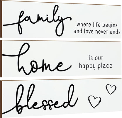 Jetec 3 Pieces Rustic Wood Sign Wall Decor Live Love Blessed Family and Love Quote Sign Farmhouse Wall Mount Decoration for Home Kitchen Living Room, 12 x 3 x 0.2 Inch(White, Black,Novel)