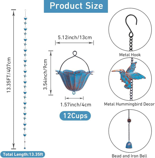 13.4FT Rain Chain, Hummingbird Rain Chains for Outside, Copper Rain Chain Bell with 12 Cups, Decorative Rain Catcher Chain Replacement Downspout for Gutters