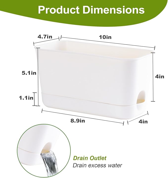 10 Inch Self Watering Planters for Indoor Plants: 4 Packs Rectangular Plant Pots with with Drainage and Tray, Window Pot Self Watering Planter for Herb, Houseplants