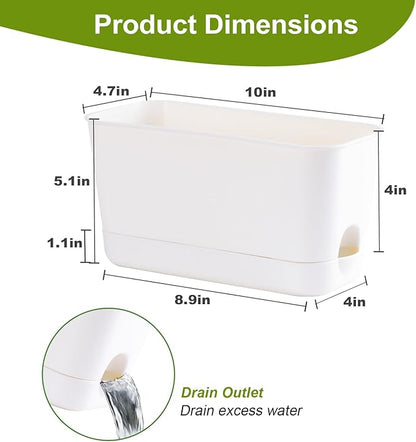 10 Inch Self Watering Planters for Indoor Plants: 2 Packs Rectangular Plant Pots with with Drainage and Tray, Window Pot Self Watering Planter for Herb, Houseplants