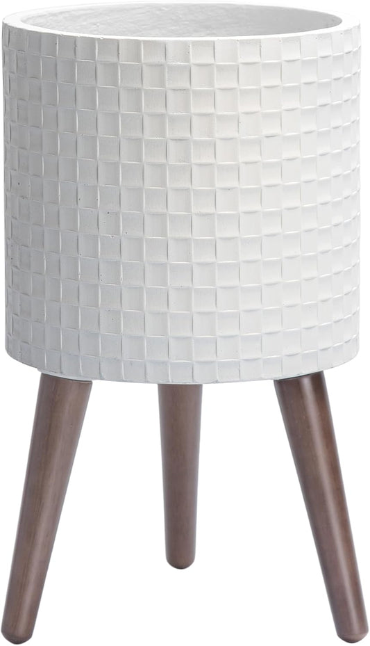 D'vine Dev 10 Inch Modern Geometric Tile Patterned Sleek Planter Pot with Stand, Indoor Outdoor Decorative Plant Holder, Matte White, 88-Z-B-1