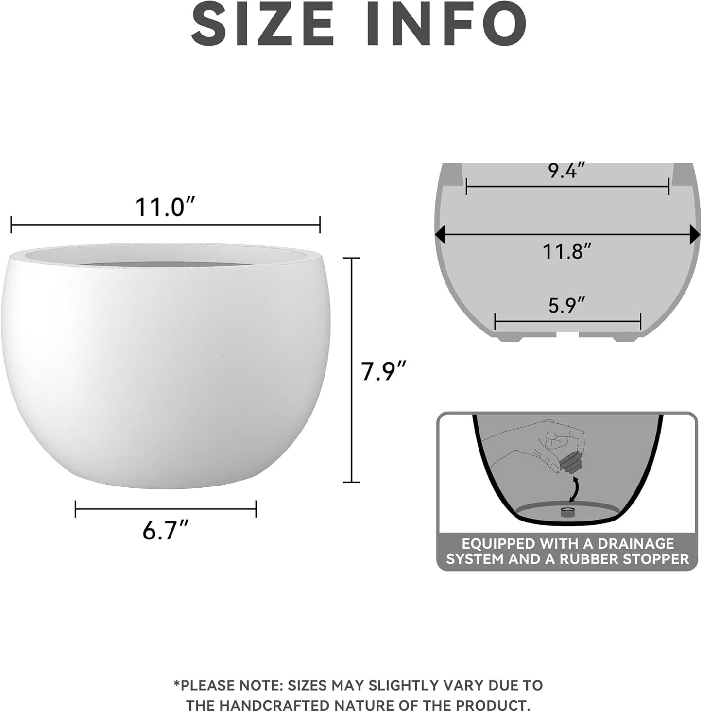 Kante 11.8" Dia Round Concrete Planter, Outdoor/Indoor Large Bowl Plant Pots with Drainage Hole and Rubber Plug for Garden Patio Balcony Home, Pure White