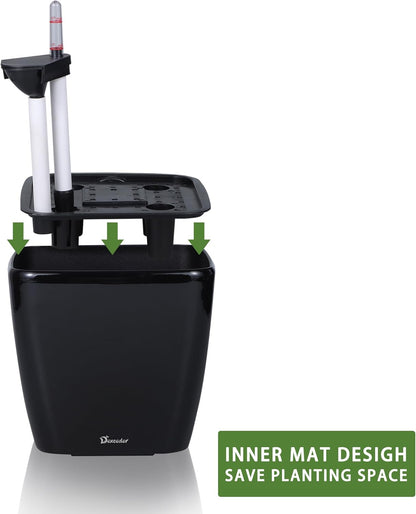 Dexceder 11x10 Self Watering Planter Indoor Outdoor, Inner Mat Design, Thickened Table Flower Plant Pot with Water Level Indicator (Black High Gloss)