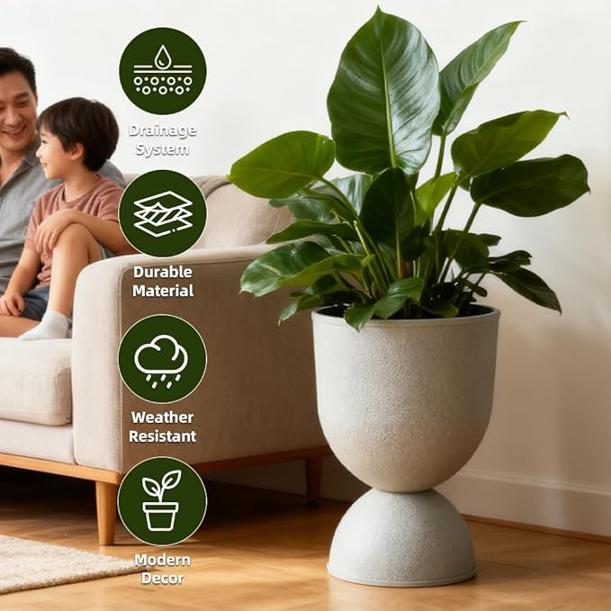 Lookat Modern Hourglass Planter, Indoor Decorative Plastic Plant Container, Textured Metal Look, Contemporary Home Garden Pot (Beige, CUP001)