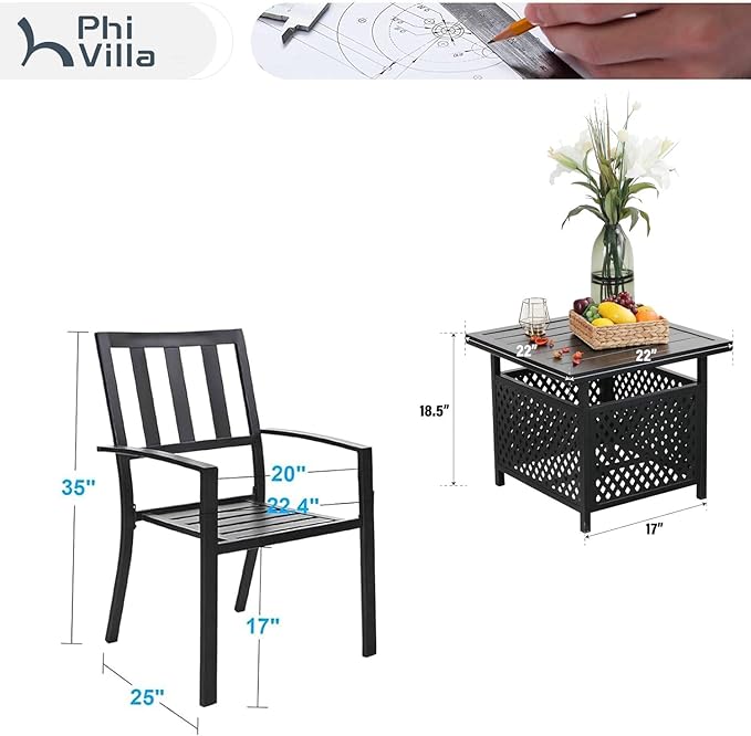 PHI VILLA 3 Piece Outdoor Bistro Set for 2, 22" Metal Steel Square Table with Umbrella Hole & Stacking Iron Chairs, Small Furniture Conversation Set for Porch, Deck, Balcony,Patio, Yard - Black