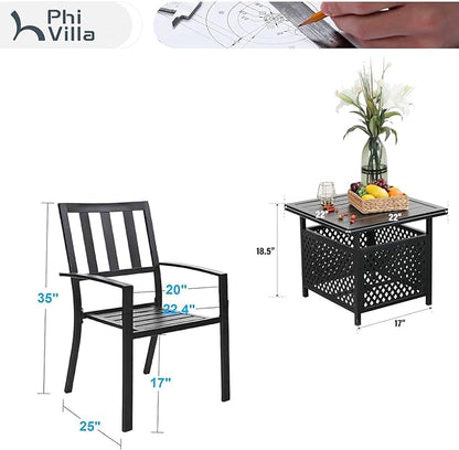 PHI VILLA 3 Piece Outdoor Bistro Set for 2, 22" Metal Steel Square Table with Umbrella Hole & Stacking Iron Chairs, Small Furniture Conversation Set for Porch, Deck, Balcony,Patio, Yard - Black