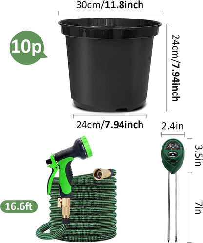 5 Gallon Nursery Pots (10-Pack) + 50ft Garden Hose with Spray Nozzle + 3-in-1 Soil Tester for Moisture/Light/pH | All-in-One Gardening Kit for Indoor/Outdoor Plants, Gardening Gifts for Women