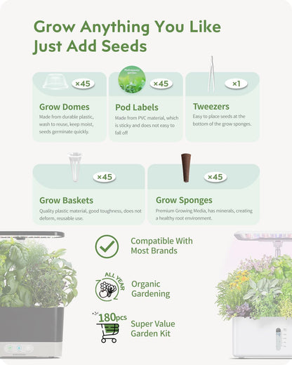180Pcs Hydroponic Pods Supplies: Grow Anything Kit with 45 Grow Sponges, 45 Grow Baskets, 45 Grow Domes, 45 Pod Labels - Compatible with Hydroponics Growing System Indoor Garden from Most Brands