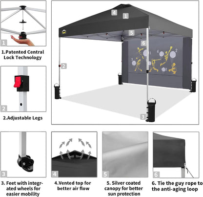 CROWN SHADES 10x10 Pop Up Canopy Tent with Game Netting - Beach Tent with One Push Setup - Outdoor Sun Shade for Events, Parties, Camping with STO-N-Go Cover Bag, Silver Coated Top, Grid Grey