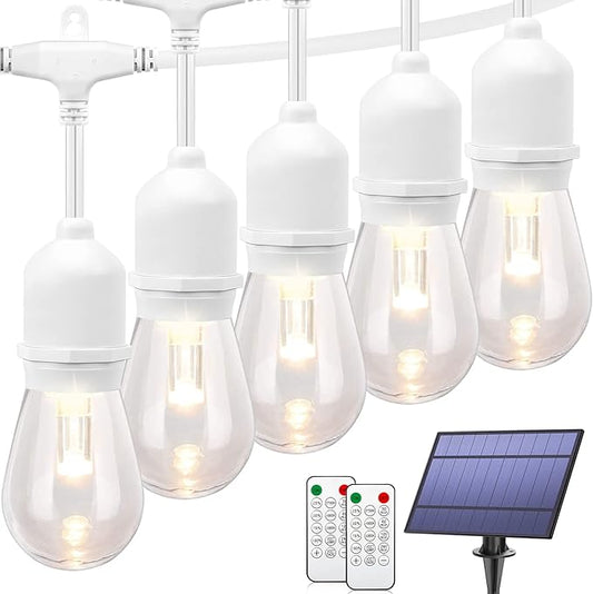 Mlambert 3-Color in 1 Dimmable Solar String Lights Outdoor, 48FT Patio String Lights with Remote and 15+3 Waterproof LED Bulbs for Bistro-White Cord