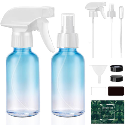 Tecohouse Glass Spray Bottles 4 oz, 2 Pack Spray Bottles for Hair Empty Refillable Fine Mist Sprayer with Labels, Funnel, Pipettes Blue