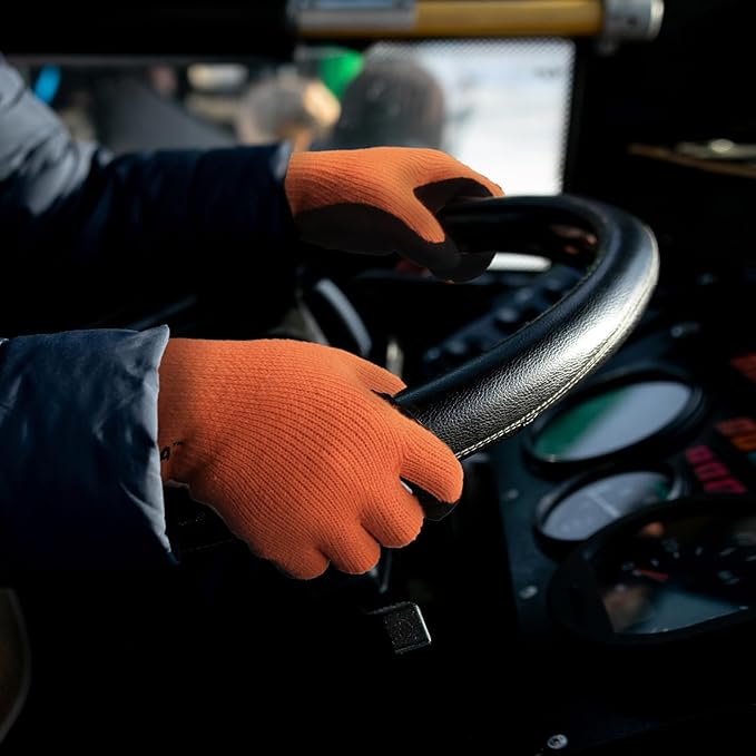 Kebada T3 Winter Work Gloves for Men and Women, Warm Knit Cold Weather Work Gloves, Thermal Insulated Freezer Gloves, 100% Latex Coating Non-slip Grip, Long Wrist Design, 3 Pairs, Orange, Large