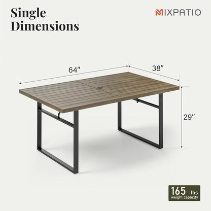 Outdoor Patio Dining Table for 6, Teak Rectangle Patio Table with Umbrella Hole, E-Coating and Powder Coating Steel Frame Metal Table for Garden Backyard Lawn Yard