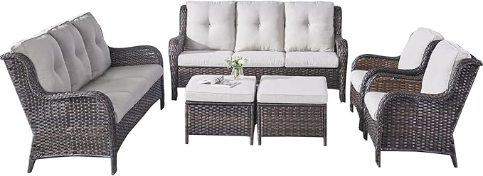 Rilyson Wicker Patio Furniture Set - 6 Piece Rattan Outdoor Sectional Conversation Sets with 2 Sofa,2 Armrest Chairs and 2 Ottomans for Porch Deck Garden(Brown/Beige)