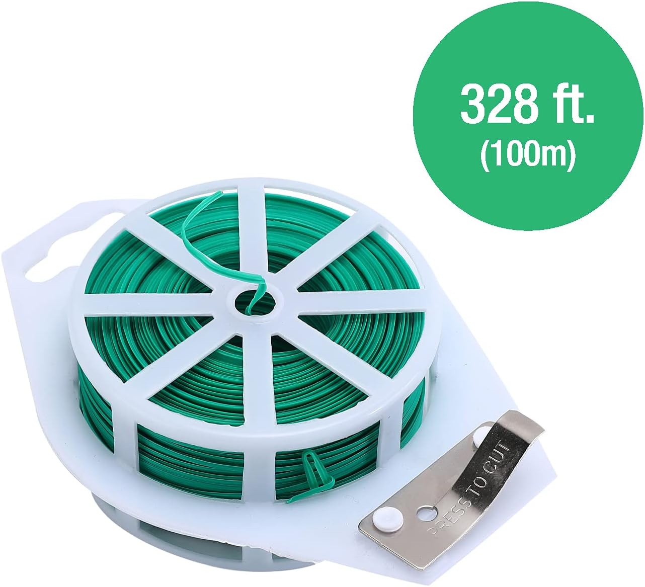 GSM Brands Twist Ties: 328 Feet Plastic Coated Wire to Tie Garden Plant or Office Cable with Convenient, Built-in Cutter (Green)
