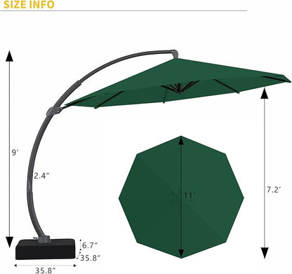 Kingdura 11ft Cantilever Patio Umbrella with Base Included, Large Round Offset Outdoor Pool Umbrella, 360° Rotation & Infinite Tilt, Heavy Duty Aluminum Frame for Deck Backyard, Dark Green