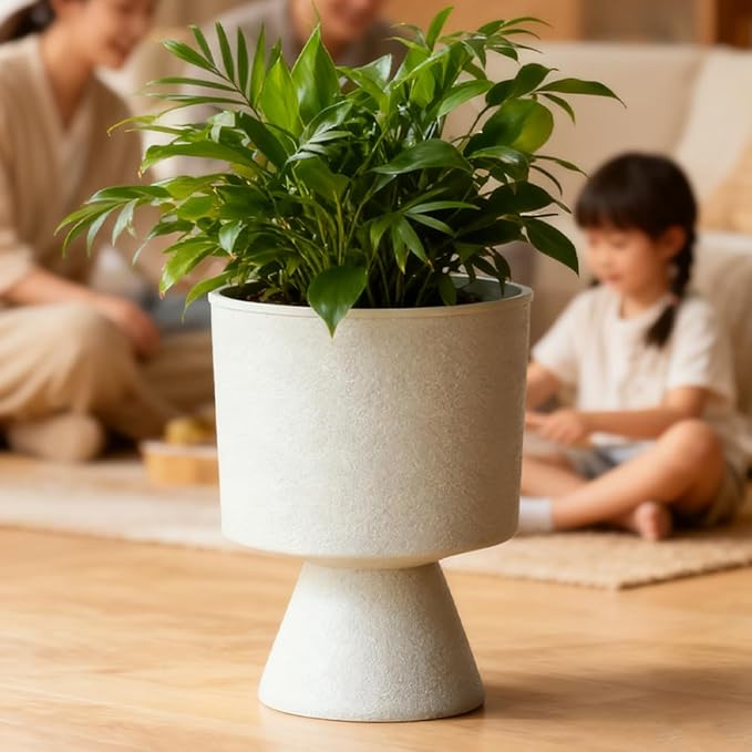 Lookat Modern Hourglass Planter, Indoor Decorative Plastic Plant Container, Textured Metal Look, Contemporary Home Garden Pot (Beige, CUP003 Small+Medium)