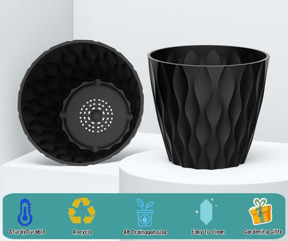 6 Pack 7 Inch Plant Pots with Drainage and Saucers, Black Plastic Flower Pots for Indoor and Outdoor Plants, Stackable Nursery Planters for Houseplants and Herbs, Black