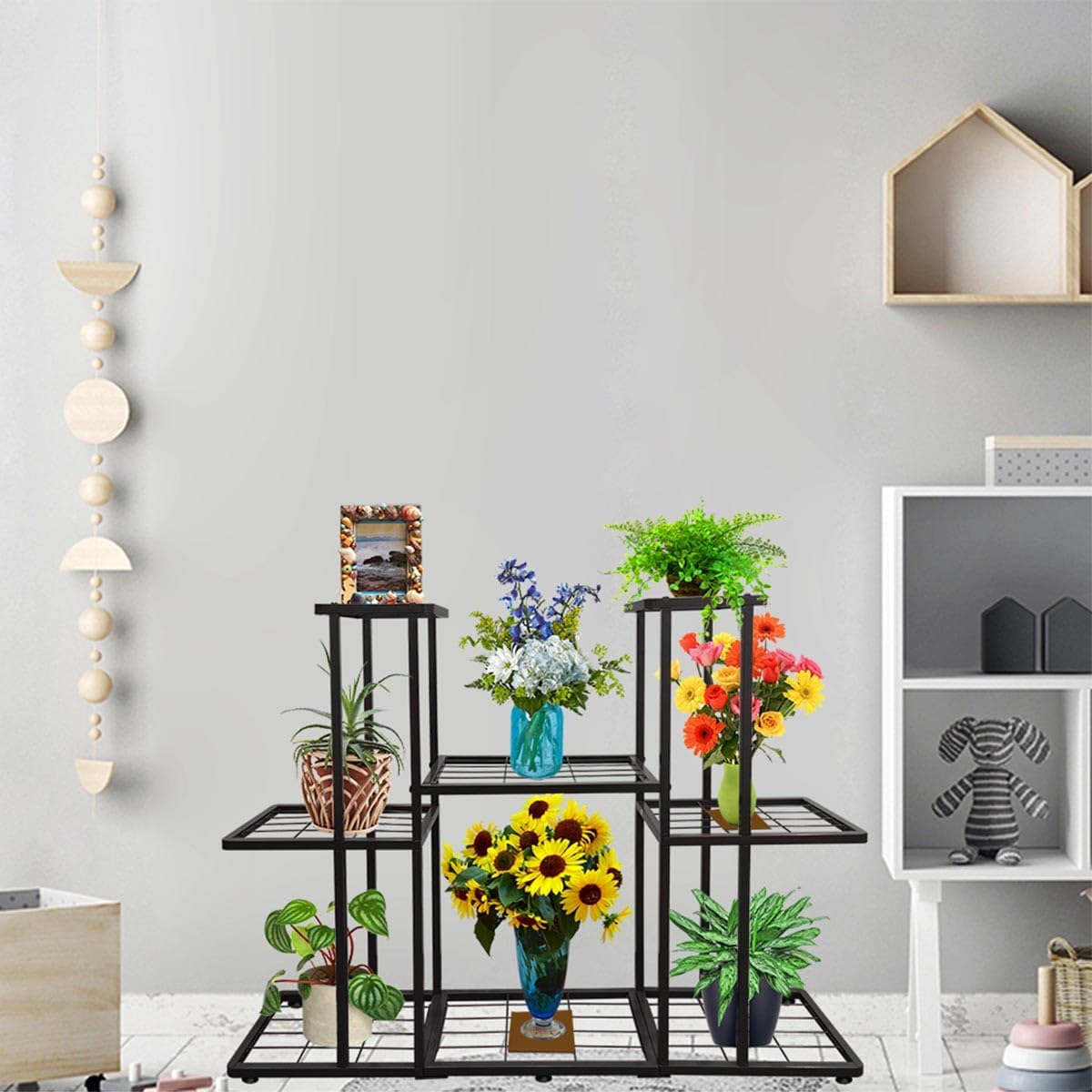 3 Tier 8 Potted Metal Large Plant Stand for Indoor Outdoor Flower Pot Display Planter Shelf, Charcoal Grey