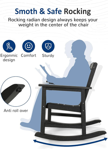 3-Piece Patio Rocking Chairs Set, Weatherproof HIPS Outdoor Rocking Chair for Adults, 400LBS Support Rocking Chairs with Table for Garden, Porch, Backyard and Indoor, Black