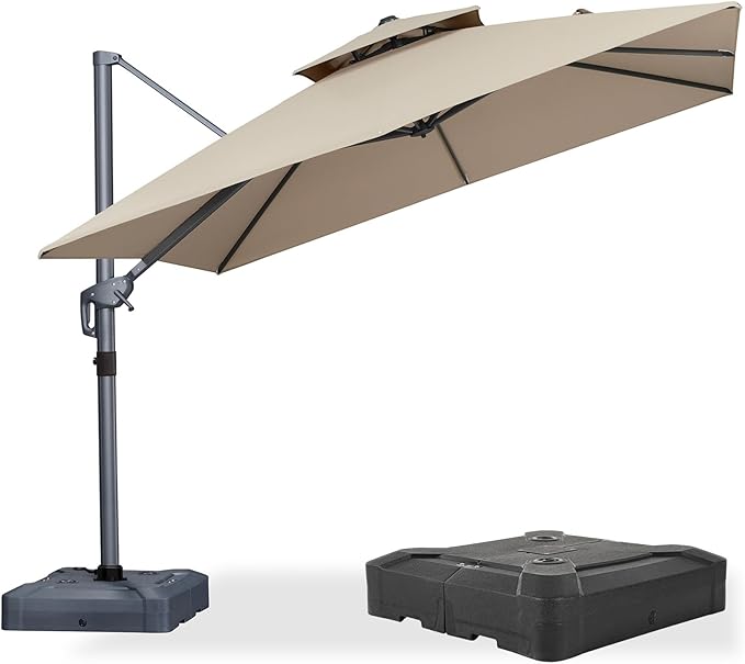 PURPLE LEAF 10 FT Cantilever Patio Umbrella Outdoor Umbrella with 220lbs Base Large Square Windproof Offset Umbrella for Pool Deck Garden, Sand Dune