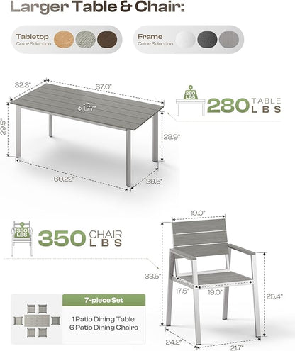 Outdoor Dining Set for 6, Patio Table and Chairs Set with Umbrella Hole, 7 Pieces HDPS Outdoor Furniture Sets for Patio, Garden, Backyard (Silver & Gray)