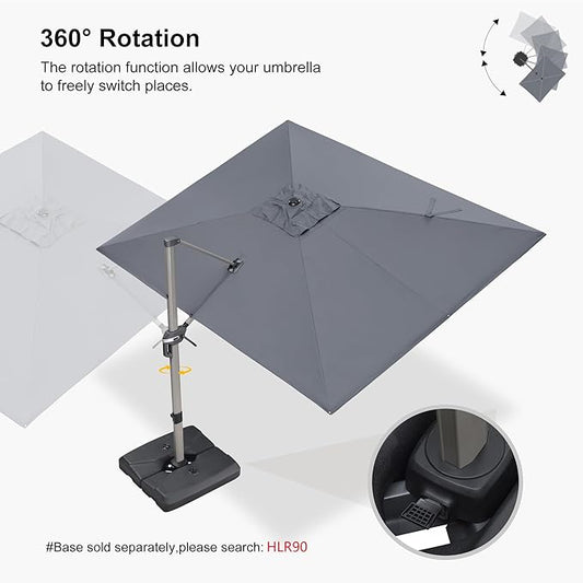 PURPLE LEAF 9' X 11.5' Patio Umbrella, Rectangle Outdoor Cantilever Umbrella, Aluminum Offset Umbrella with Champagne Frame and 360° Rotation for Pool Deck Garden, Light Grey