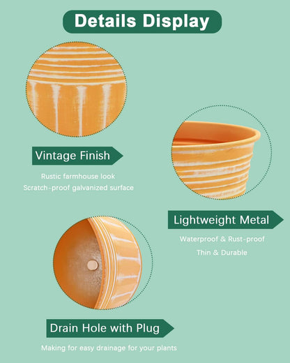 vensovo 4 Inch Orange Metal Rustic Flower Pots - 6Pcs Small Galvanized Planters with Drainage Hole and Rubber Plug, Rustproof Metal Bucket Plant Pots Farmhouse Vintage Style for Decor